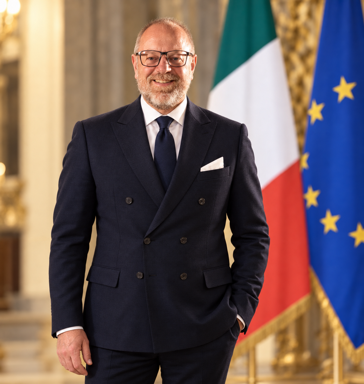 Massimiliano Fastelli in abito e cravatta blu, con le bandiere italiana ed europea alle spalle