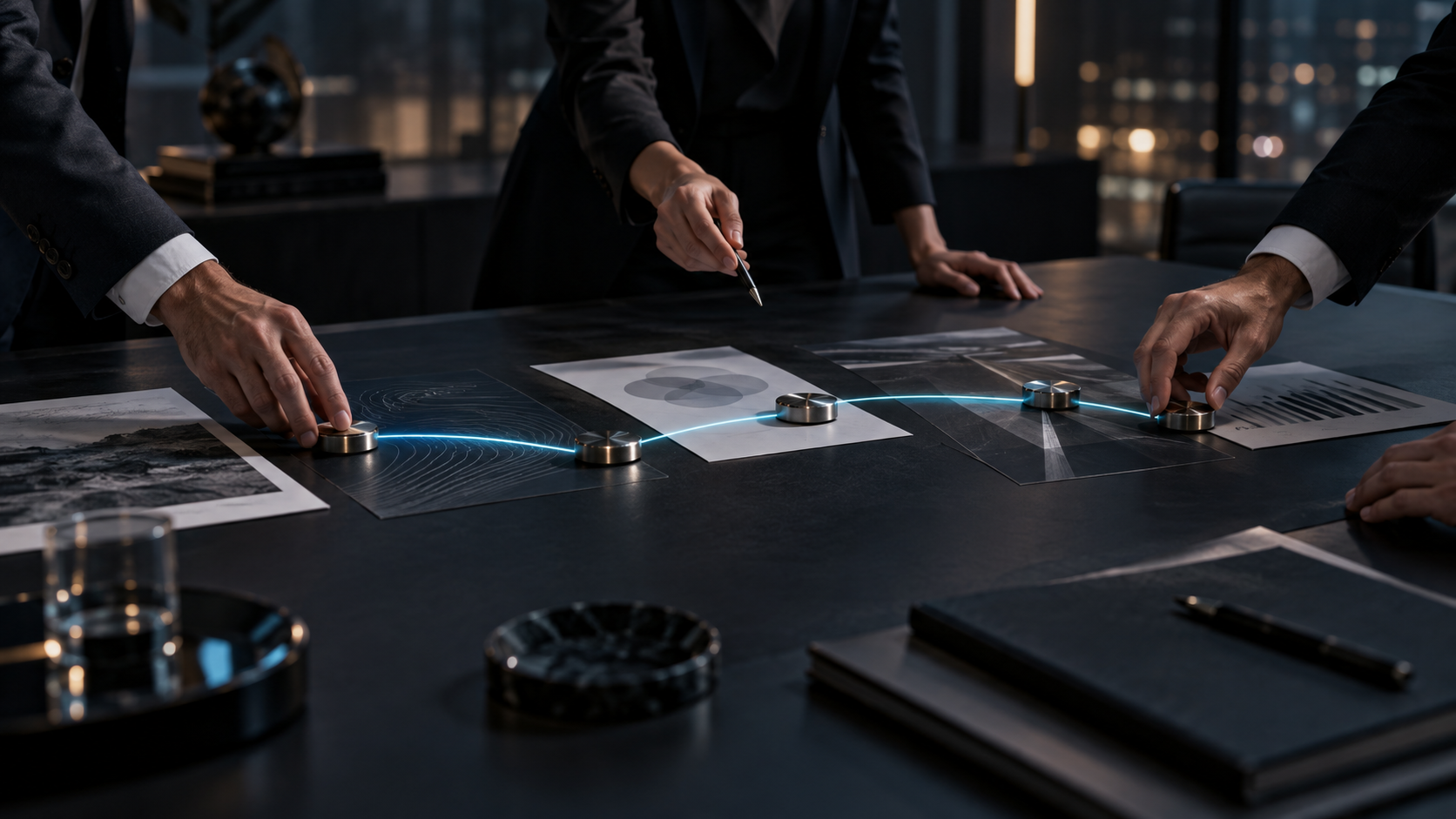 Tavolo strategico con documenti e indicatori luminosi che rappresentano analisi, connessioni ed esecuzione